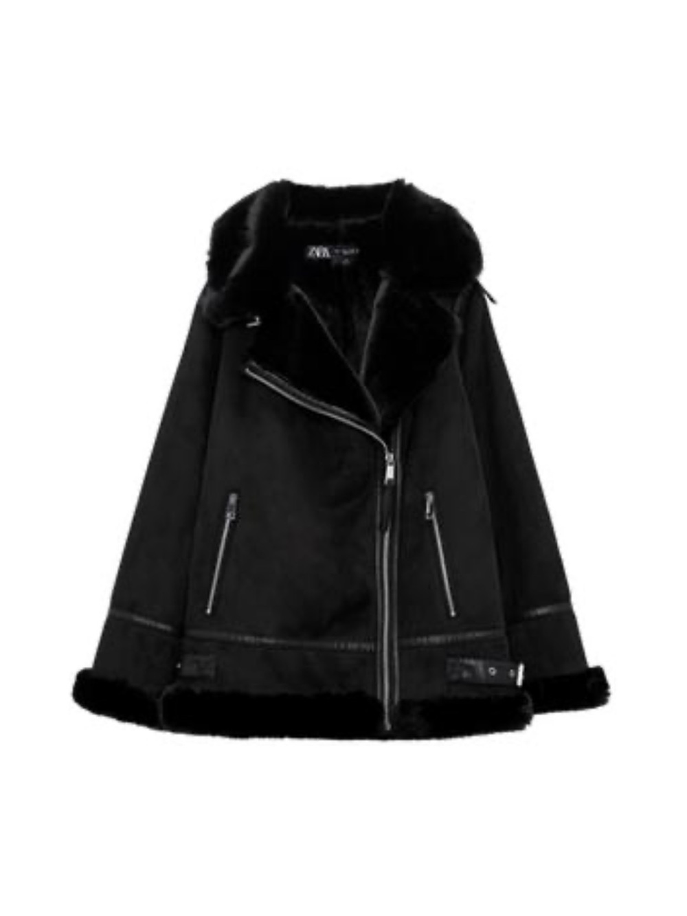 Zara Black Faux Suede Shearling-Trim Moto Jacket